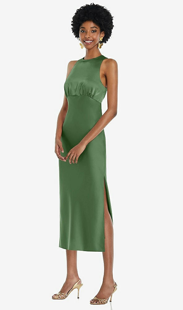 Front View - Vineyard Green Jewel Neck Sleeveless Midi Dress with Bias Skirt