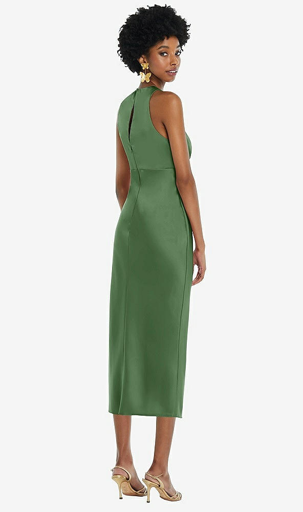 Back View - Vineyard Green Jewel Neck Sleeveless Midi Dress with Bias Skirt