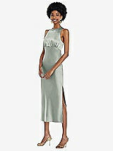 Front View Thumbnail - Willow Green Jewel Neck Sleeveless Midi Dress with Bias Skirt