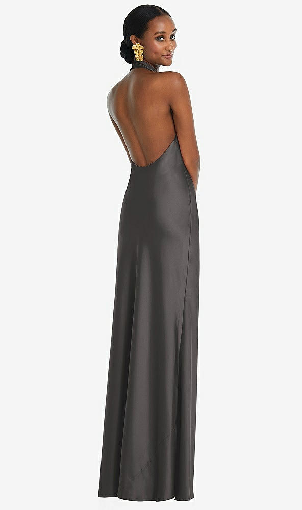 Back View - Caviar Gray Scarf Tie Stand Collar Maxi Dress with Front Slit