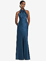 Front View Thumbnail - Dusk Blue Scarf Tie Stand Collar Maxi Dress with Front Slit