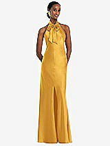 Front View Thumbnail - NYC Yellow Scarf Tie Stand Collar Maxi Dress with Front Slit