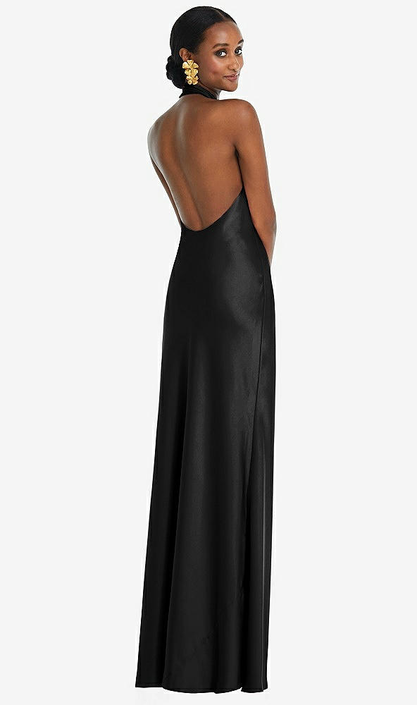 Back View - Black Scarf Tie Stand Collar Maxi Dress with Front Slit
