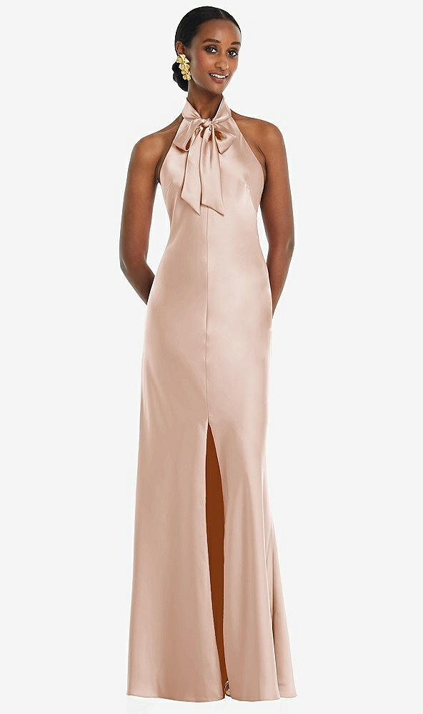 Front View - Cameo Scarf Tie Stand Collar Maxi Dress with Front Slit