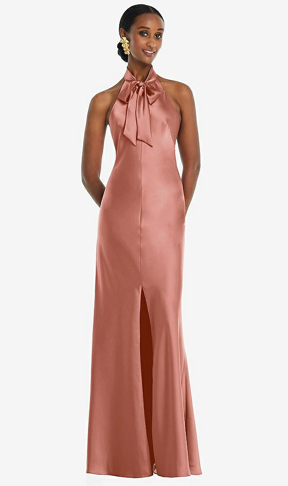 Front View - Desert Rose Scarf Tie Stand Collar Maxi Dress with Front Slit