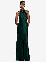 Front View Thumbnail - Evergreen Scarf Tie Stand Collar Maxi Dress with Front Slit