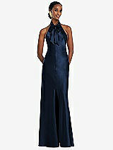 Front View Thumbnail - Midnight Navy Scarf Tie Stand Collar Maxi Dress with Front Slit
