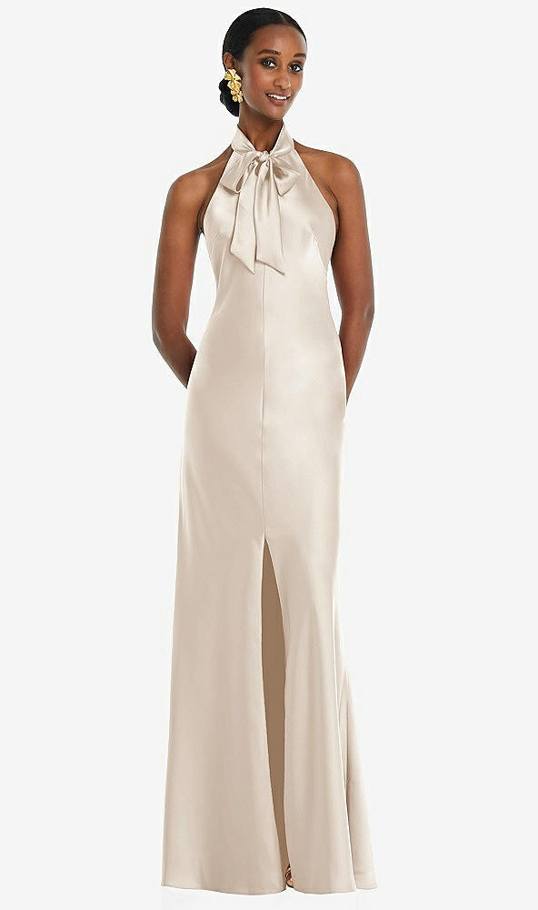 Front View - Oat Scarf Tie Stand Collar Maxi Dress with Front Slit
