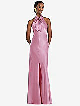 Front View Thumbnail - Powder Pink Scarf Tie Stand Collar Maxi Dress with Front Slit