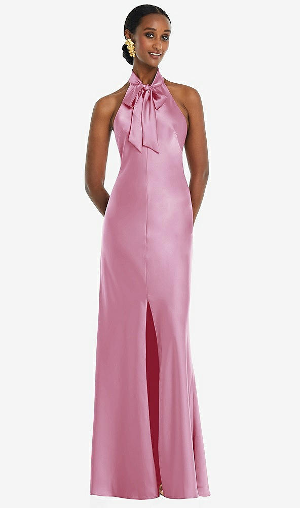 Front View - Powder Pink Scarf Tie Stand Collar Maxi Dress with Front Slit