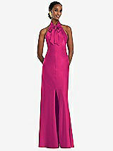 Front View Thumbnail - Think Pink Scarf Tie Stand Collar Maxi Dress with Front Slit