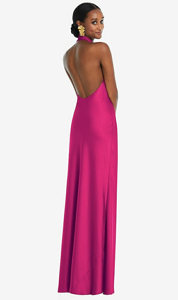 Back View - Think Pink Scarf Tie Stand Collar Maxi Dress with Front Slit
