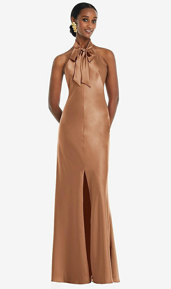 Front View - Toffee Scarf Tie Stand Collar Maxi Dress with Front Slit