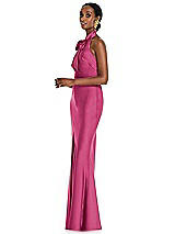 Side View Thumbnail - Tea Rose Scarf Tie Stand Collar Maxi Dress with Front Slit