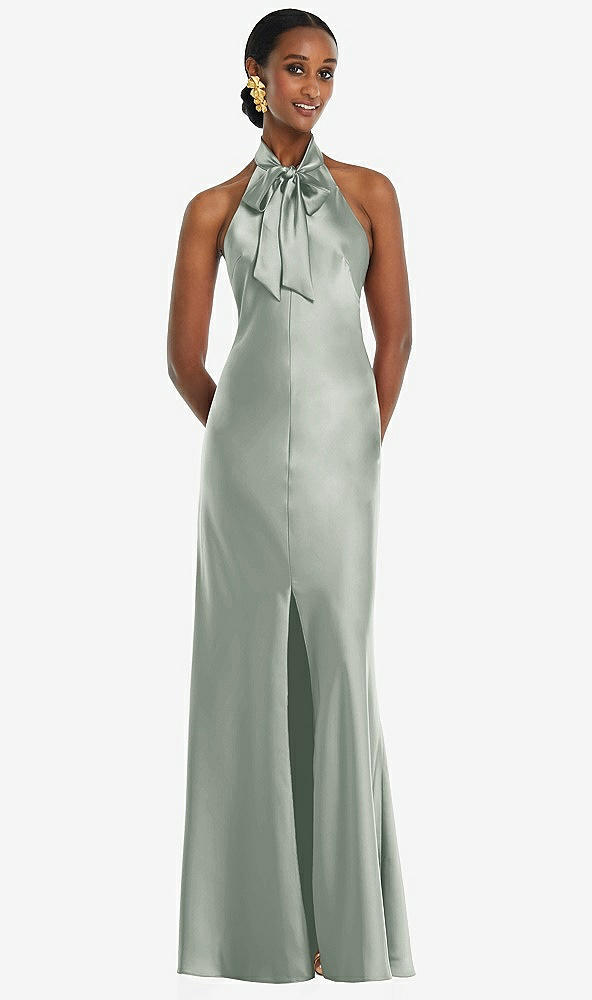 Front View - Willow Green Scarf Tie Stand Collar Maxi Dress with Front Slit
