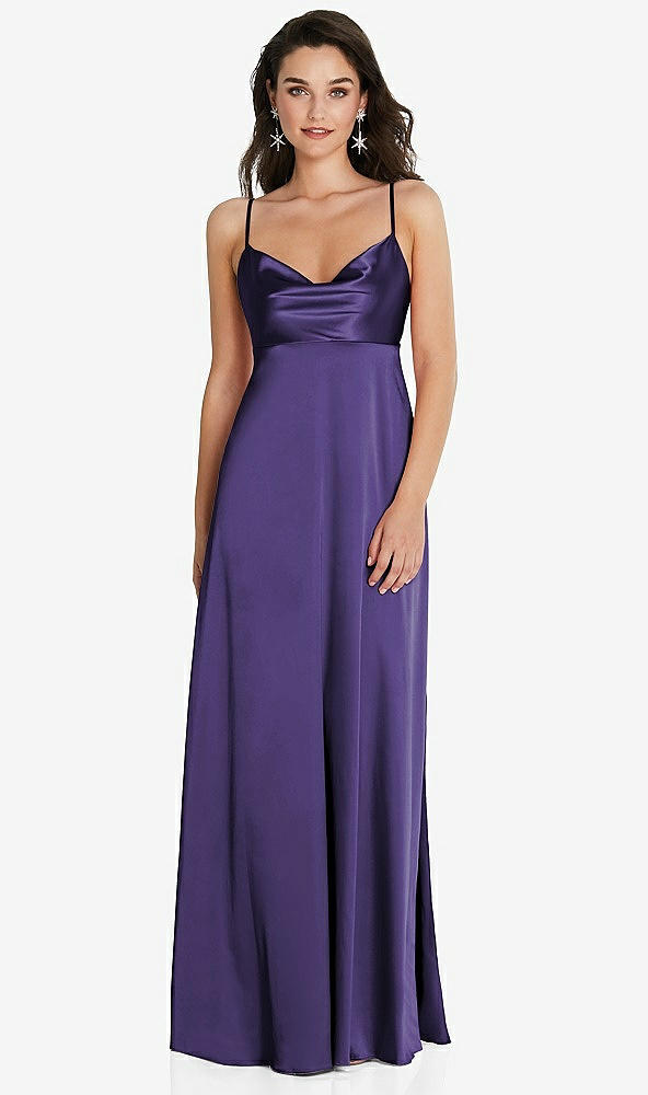 Front View - Regalia - PANTONE Ultra Violet Cowl-Neck Empire Waist Maxi Dress with Adjustable Straps
