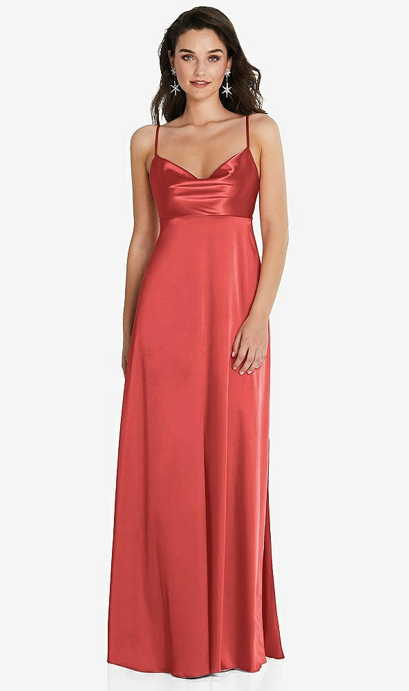 Front View - Perfect Coral Cowl-Neck Empire Waist Maxi Dress with Adjustable Straps