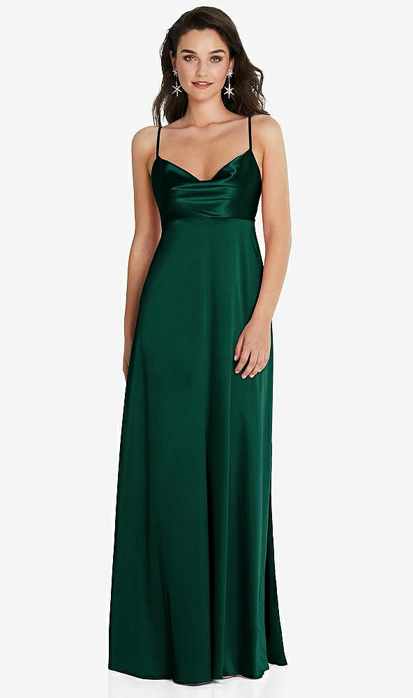 Front View - Hunter Green Cowl-Neck Empire Waist Maxi Dress with Adjustable Straps
