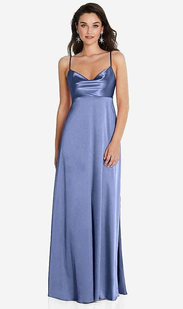 Front View - Periwinkle - PANTONE Serenity Cowl-Neck Empire Waist Maxi Dress with Adjustable Straps