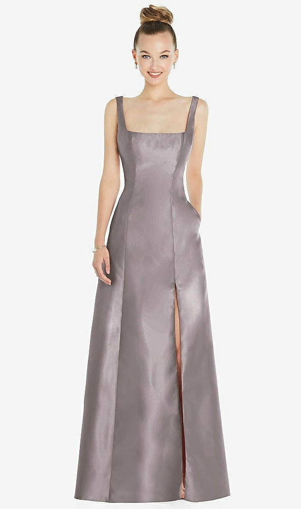 Front View - Cashmere Gray Sleeveless Square-Neck Princess Line Gown with Pockets