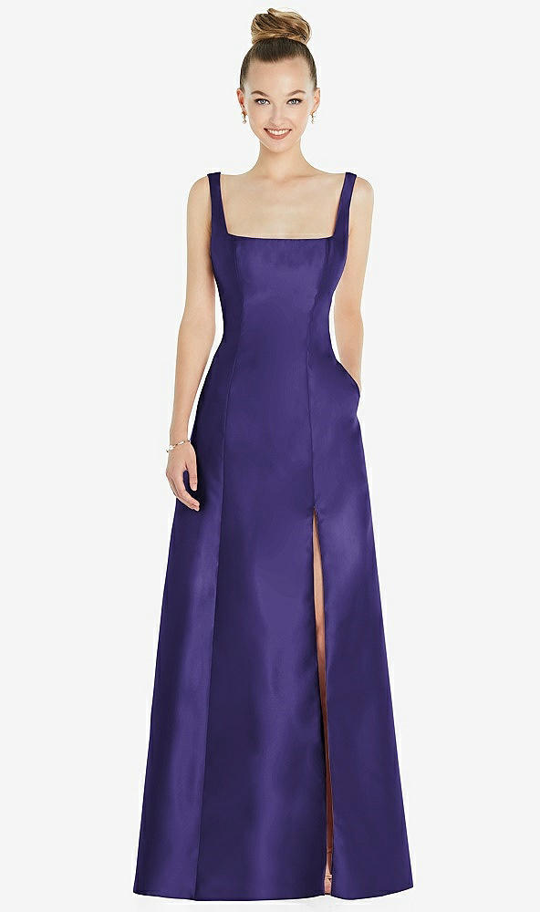 Front View - Grape Sleeveless Square-Neck Princess Line Gown with Pockets