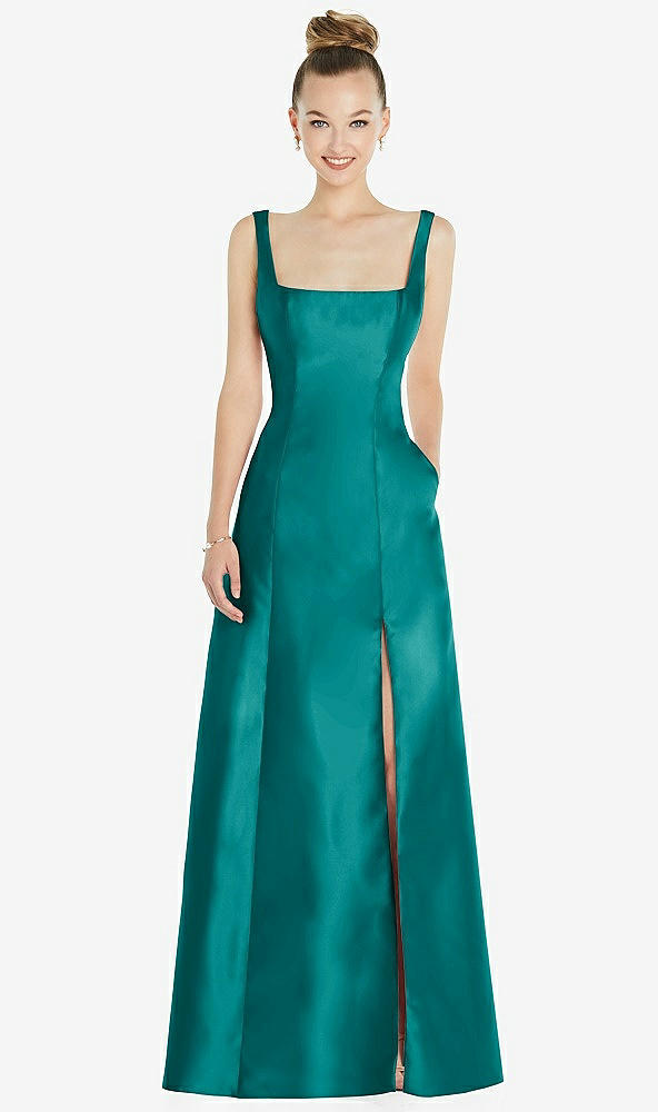 Front View - Jade Sleeveless Square-Neck Princess Line Gown with Pockets