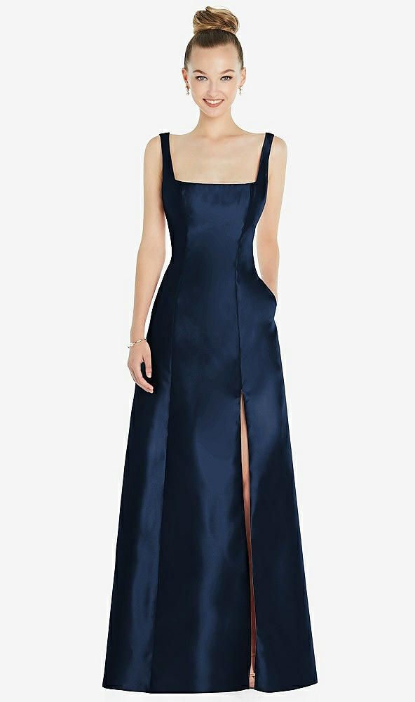 Front View - Midnight Navy Sleeveless Square-Neck Princess Line Gown with Pockets