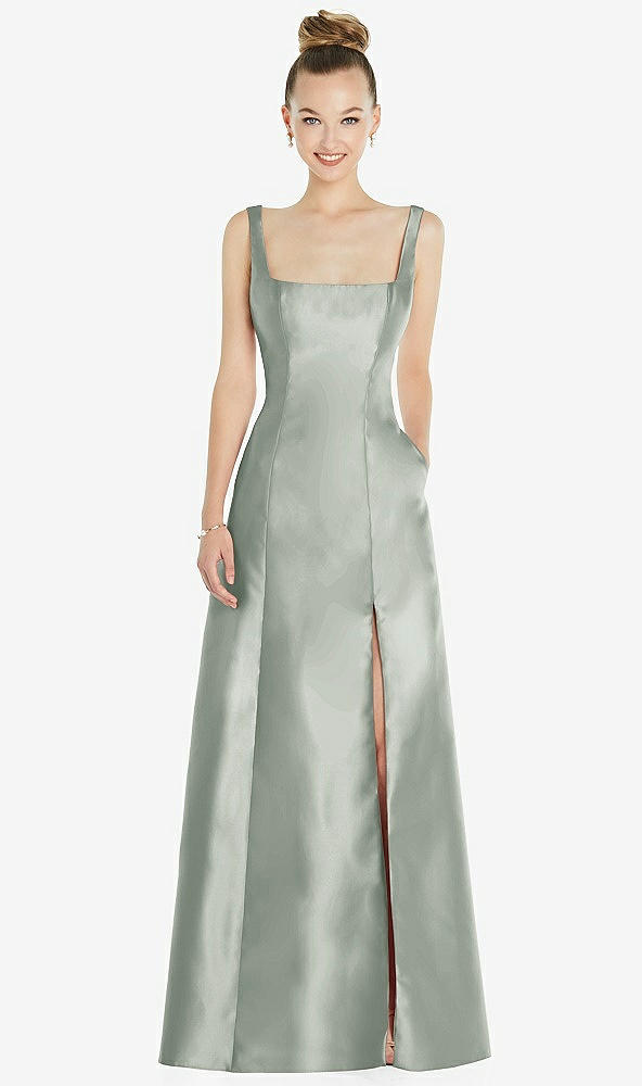Front View - Willow Green Sleeveless Square-Neck Princess Line Gown with Pockets