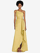 Alt View 1 Thumbnail - Maize One-Shoulder Satin Gown with Draped Front Slit and Pockets