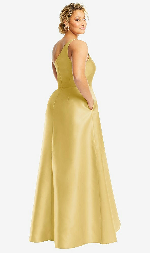 Back View - Maize One-Shoulder Satin Gown with Draped Front Slit and Pockets