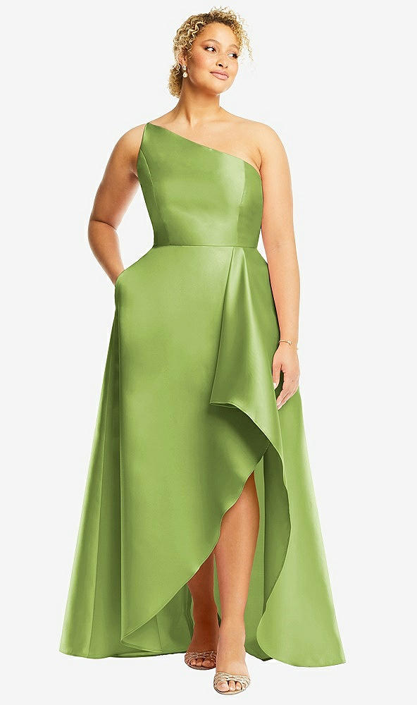 Front View - Mojito One-Shoulder Satin Gown with Draped Front Slit and Pockets