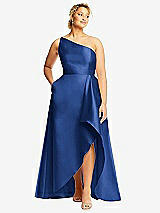 Front View Thumbnail - Classic Blue One-Shoulder Satin Gown with Draped Front Slit and Pockets