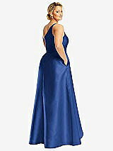 Rear View Thumbnail - Classic Blue One-Shoulder Satin Gown with Draped Front Slit and Pockets