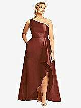 Front View Thumbnail - Auburn Moon One-Shoulder Satin Gown with Draped Front Slit and Pockets