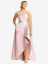 Front View Thumbnail - Ballet Pink One-Shoulder Satin Gown with Draped Front Slit and Pockets