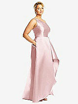 Side View Thumbnail - Ballet Pink One-Shoulder Satin Gown with Draped Front Slit and Pockets