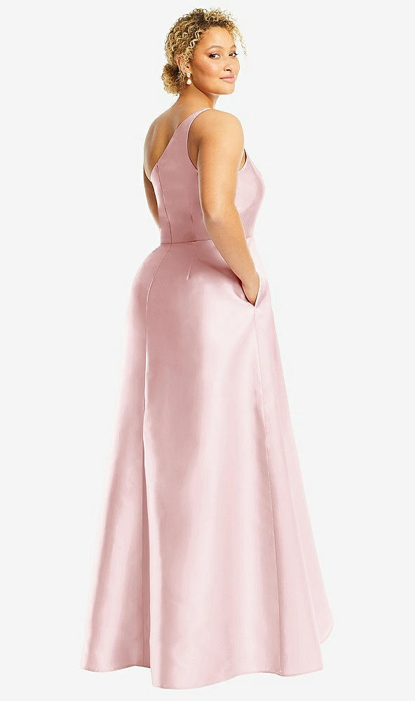 Back View - Ballet Pink One-Shoulder Satin Gown with Draped Front Slit and Pockets
