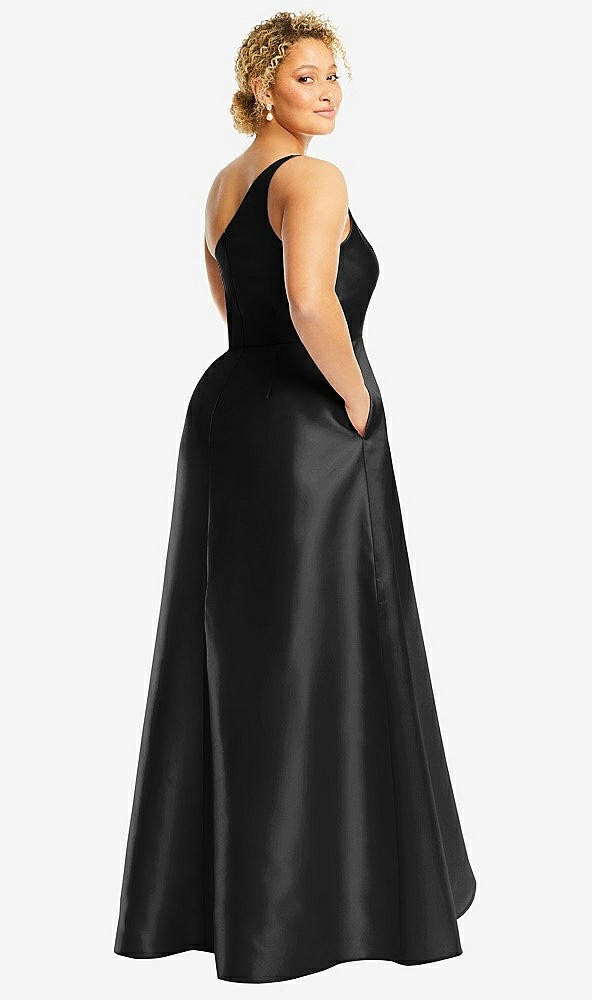 Back View - Black One-Shoulder Satin Gown with Draped Front Slit and Pockets