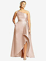 Front View Thumbnail - Cameo One-Shoulder Satin Gown with Draped Front Slit and Pockets