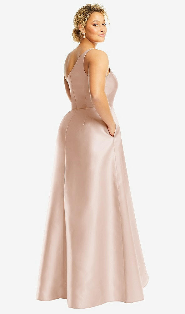 Back View - Cameo One-Shoulder Satin Gown with Draped Front Slit and Pockets