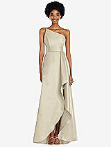 Alt View 1 Thumbnail - Champagne One-Shoulder Satin Gown with Draped Front Slit and Pockets