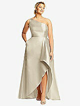 Front View Thumbnail - Champagne One-Shoulder Satin Gown with Draped Front Slit and Pockets