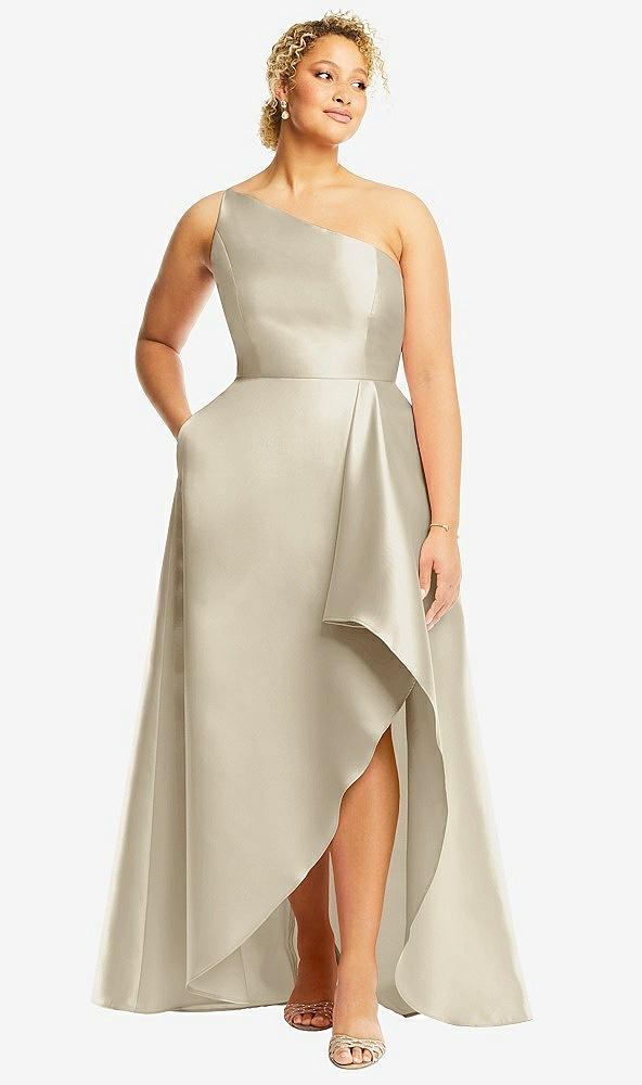Front View - Champagne One-Shoulder Satin Gown with Draped Front Slit and Pockets