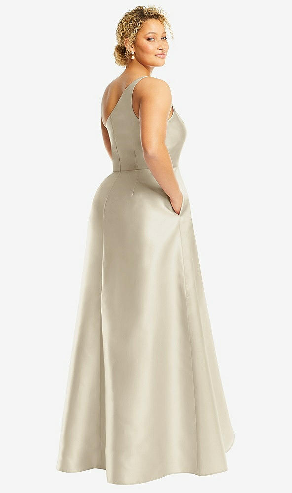 Back View - Champagne One-Shoulder Satin Gown with Draped Front Slit and Pockets