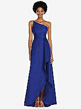 Alt View 1 Thumbnail - Cobalt Blue One-Shoulder Satin Gown with Draped Front Slit and Pockets
