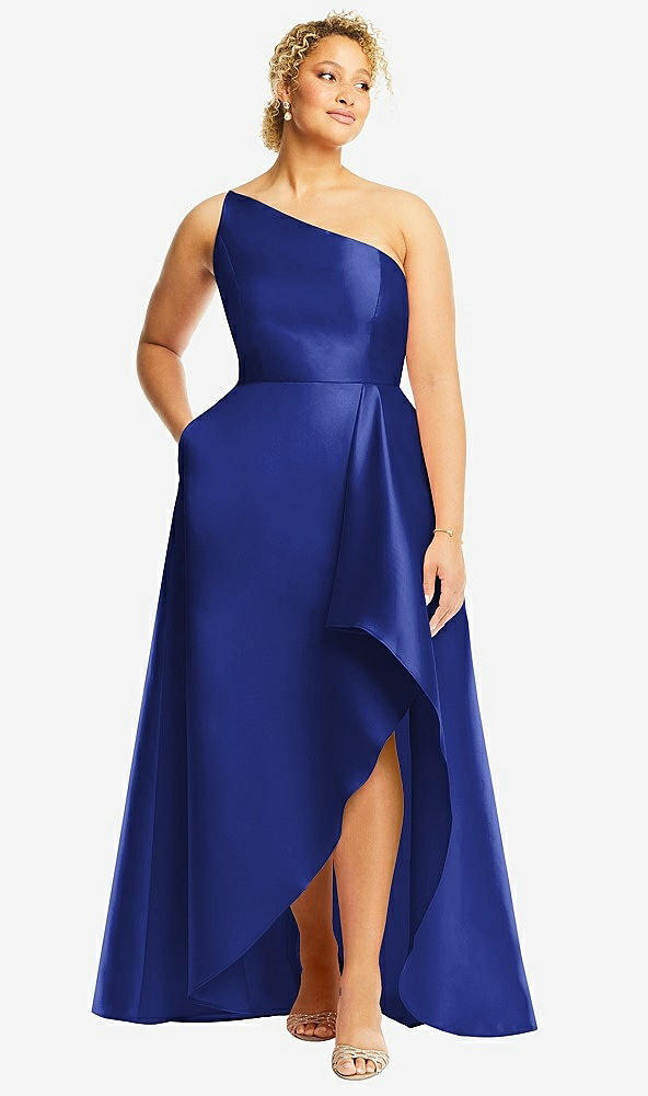 Front View - Cobalt Blue One-Shoulder Satin Gown with Draped Front Slit and Pockets