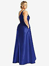 Rear View Thumbnail - Cobalt Blue One-Shoulder Satin Gown with Draped Front Slit and Pockets