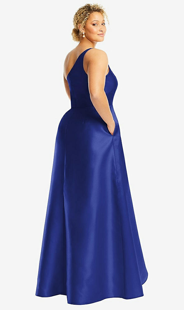 Back View - Cobalt Blue One-Shoulder Satin Gown with Draped Front Slit and Pockets