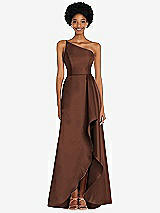 Alt View 1 Thumbnail - Cognac One-Shoulder Satin Gown with Draped Front Slit and Pockets