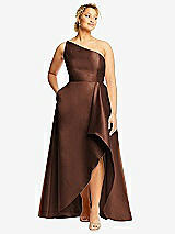 Front View Thumbnail - Cognac One-Shoulder Satin Gown with Draped Front Slit and Pockets